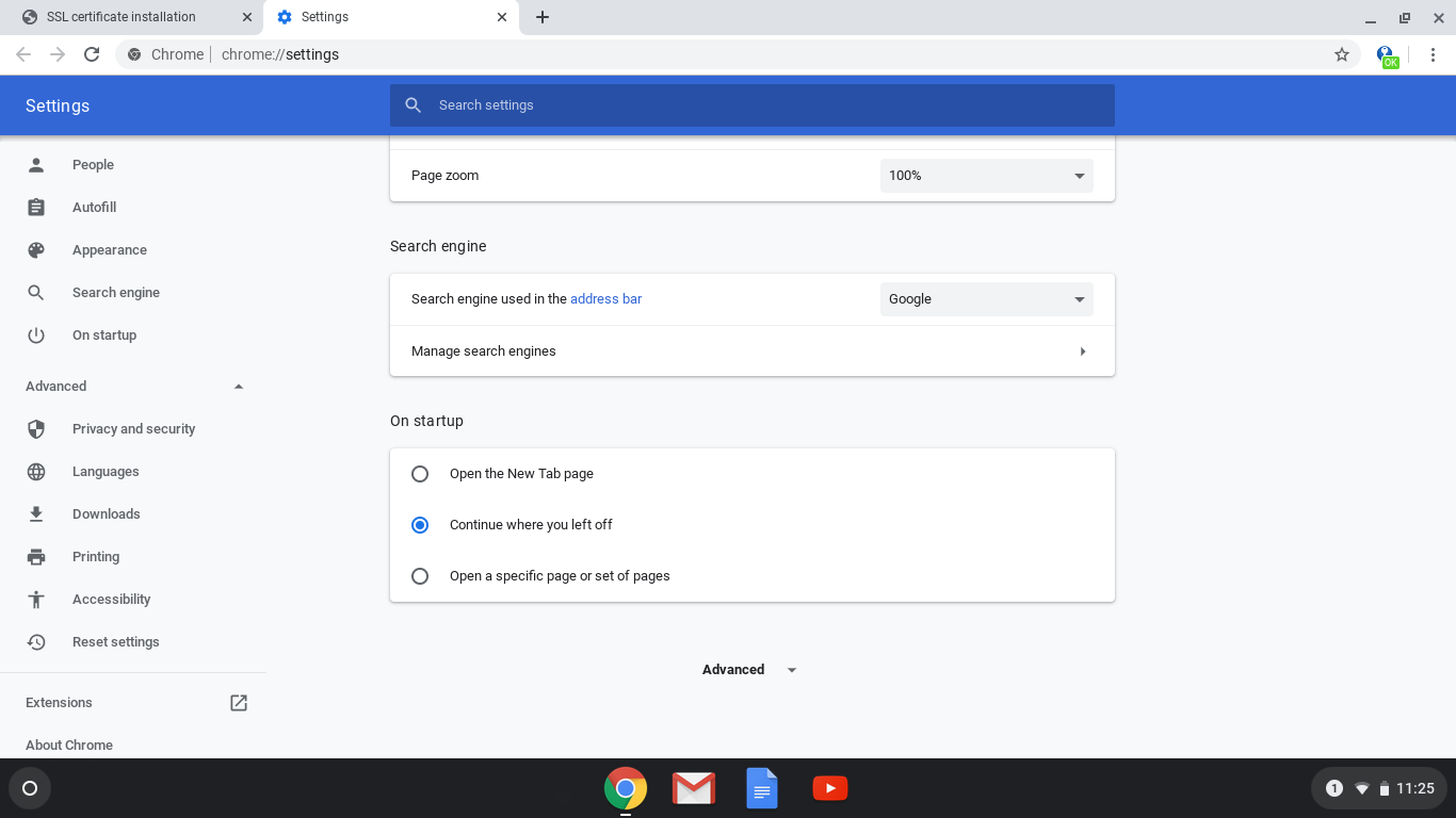 Chrome Settings page